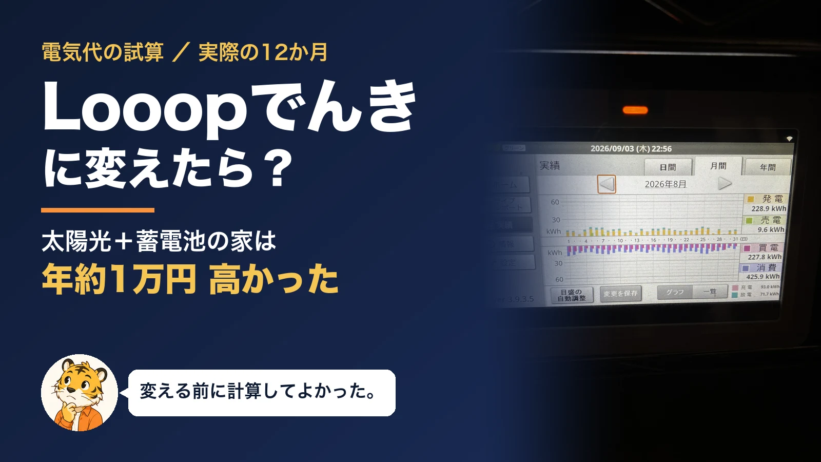 Looopでんきに変えたら安くなる?太陽光+蓄電池の家が、実際の電気代12か月で試算したら年約1万円高かった