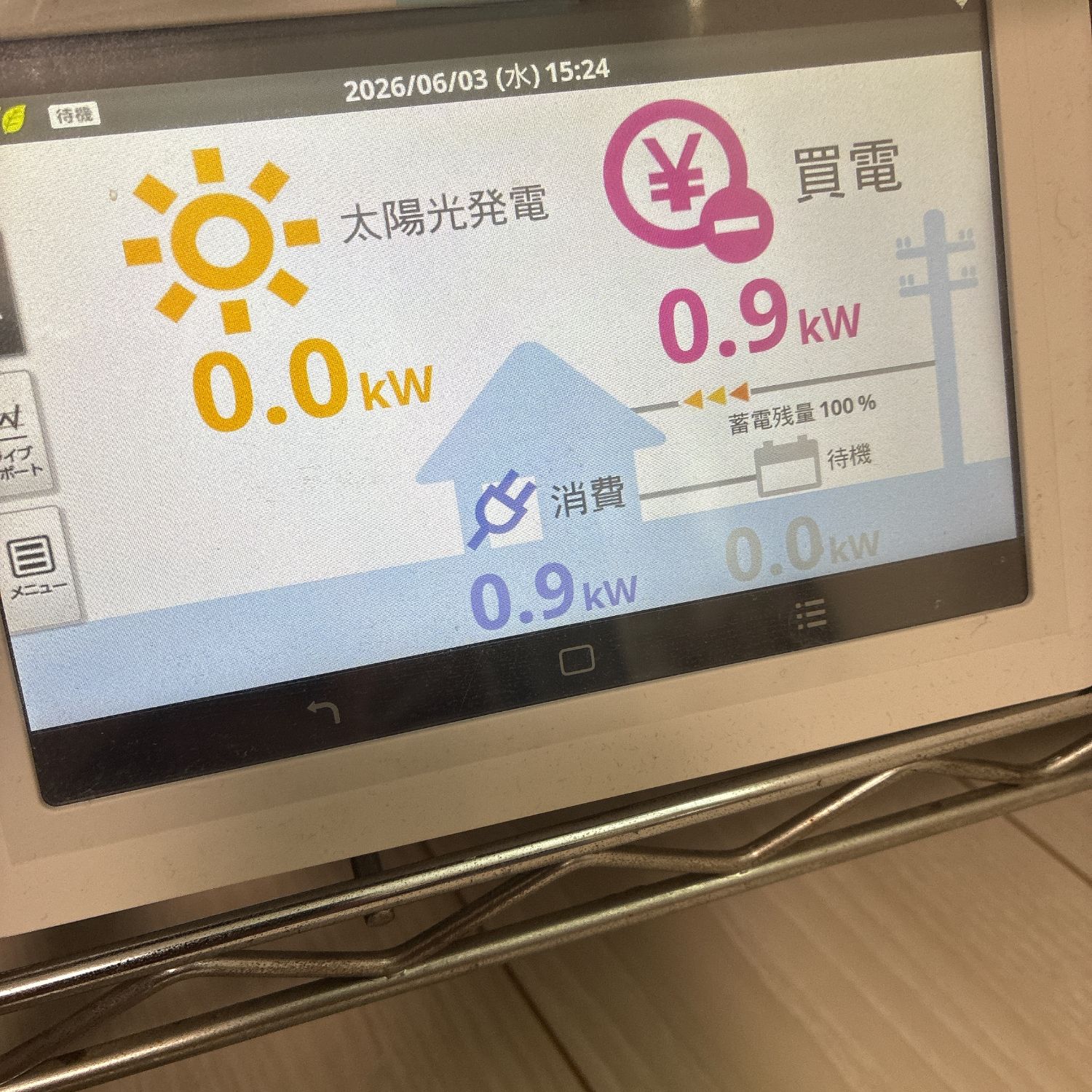 満充電になり待機状態になったHEMSホーム画面(蓄電残量100%)
